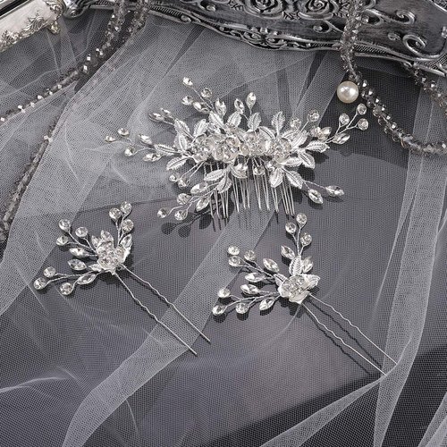YERTTER Vintage Rhinestones Bride Wedding Hair Accessories for Brides Crystal Simulated Pearl Floral Leaves Bridal Hair Comb for Women and Girls (hair comb+hair pins)