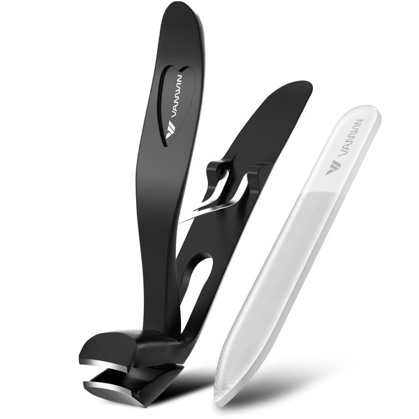 VANWIN Angled Head Nail Clippers for Seniors, Ergonomic Toenail Clippers for Thick Nails with Wide Jaw Opening, Premium Steel Nail Cutter Nail Clippers with Catcher for Men and Women Black