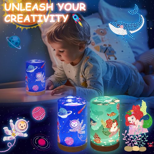 ZEROMX 3Packs Diamond Painting Kit with Night Light for Kids, Gem Art and Crafts Kits Toys for Kids Ages 6-8 8-12, Make Your Own Night Light,DIY Diamond Art Christmas Gift,Space,Ocean