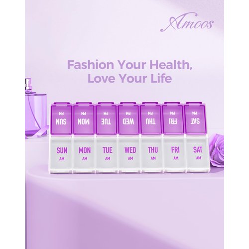 AMOOS Weekly Pill Organizer 2 Times a Day, Stylish Pill Box 7 Day AM PM with Large Compartments, Pill Case Easy to Use, BPA-Free Pill Container for Vitamins, Fish Oils, Supplements, Medicines, Purple
