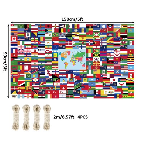 World Flag Banner, 5x3ft Fabric Country Flags Backdrop International Flags Banner Backdrop with Grommets for Birthday Party Decorations Office School Classroom Wallpaper Event Decorations