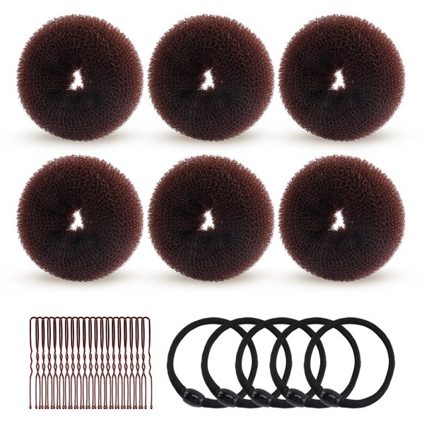 HOFASON Hair Bun Maker Donut 31 Pcs, 6 Pcs Medium Hair Donuts for Buns, 5 Pcs Hair Elastic Bands, 20 Pcs Hair Pins, Hair Buns Pieces Ring Style Accessories for Women Girls Long Hair Shaper (Brown)