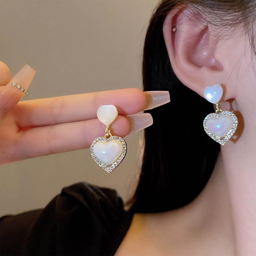 Sttiafay Vintage Rhinestone Heart Drop Earrings Opal Heart Stud Earrings Moonstone Heart Earrings Gold Crystal Heart Dangle Earrings Jewelry for Women and Girls