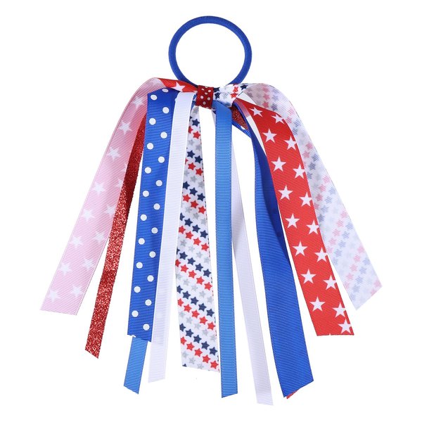Girls Patriotic Ponytail Hair Ribbon Streamer 4th of July Red White Blue American Flag Pony Holder Elastic Hair Tie Bands Independence Memorial Day outfit Pigtail Decor Accessories