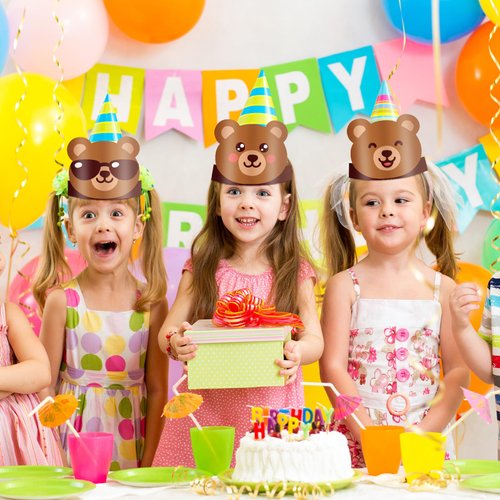 Gersoniel Bear Theme Party Hats for Kids [24 Pcs] - Bright Color Bear Designs in & Species, Quality Card Paper Bear Birthday Crowns, Ideal Themed Party Decoration & Favors for Boys & Girls