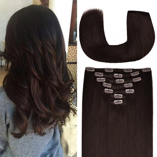 14 Inch Clip-in Hair Extensions Remy Human Hair for Women - Soft Handmade Real Human Hair Clip in Extensions, Straight, Thick, 115g 7pcs Dark Brown #2 Color