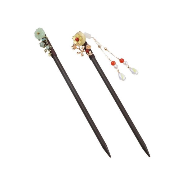 2Pcs Chinese Style Flower Tassel Hair Sticks, Traditional Imitation Jade Wooden Hairpins with Bead Pendants Hanfu Hair Accessories for Women Girls