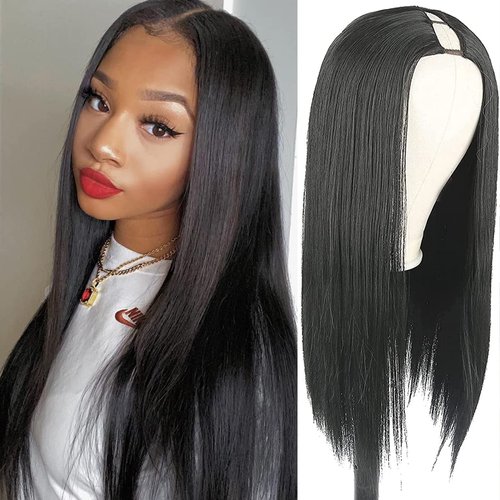 Aisaide Straight V Part Wig 22inch Synthetic Hair Long Straight V Part Wigs Black V Part Half Wigs for Black Women U Part Wig Upgrade Full Head Clip in Hair Extensions Glueless V Shape Wig 1B