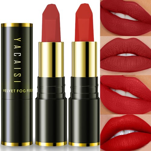 Jeffbaubl YACAISI 2 Pcs Matte Lipstick,Velvet Matte Lip Sticks,Red Velvet Lipstick,Smudge Proof Long Lasting Lipstick,Waterproof Non-Stick Cup Lip Stain for Women Girls(Retro Red + Rouge)