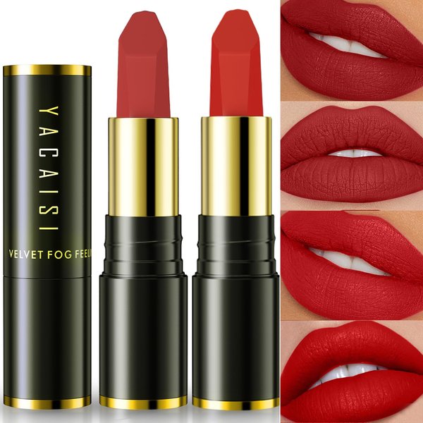 Jeffbaubl YACAISI 2 Pcs Matte Lipstick,Velvet Matte Lip Sticks,Red Velvet Lipstick,Smudge Proof Long Lasting Lipstick,Waterproof Non-Stick Cup Lip Stain for Women Girls(Retro Red + Rouge)