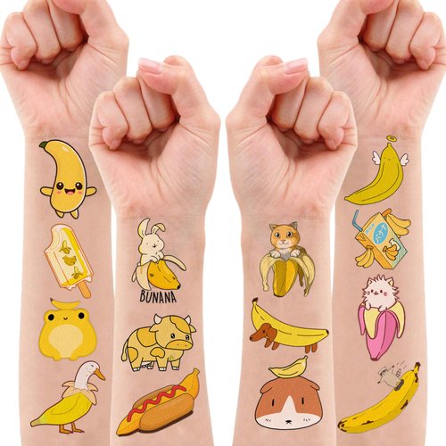Cute Banana Temporary Tattoos 8 Sheets 90PCS Yellow Banana Party Decorations Supplies Favors Fruits Theme Birthday Cute Stickers Christmas Gifts for Boys Girls Kids Class School Prizes Carnival