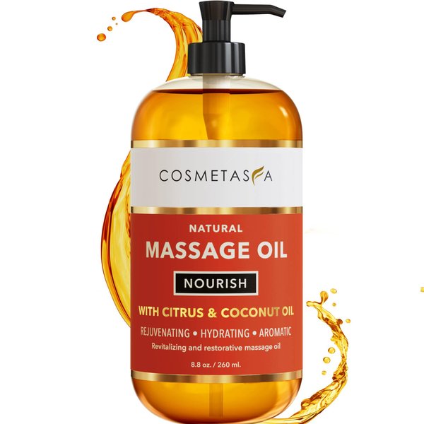 Natural Nourishing Citrus & Coconut Massage Oil- Smooth Glide, Non Greasy Therapeutic Massage Oils with Rejuvenating, Hydrating & Aromatic Essential Oils for Dry Skin, Soothes Muscle & Joints 8.8 oz