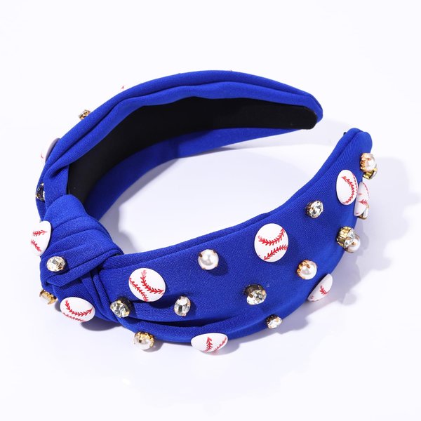 Baseball Headband for Women Crystal Pearl Knotted Headband Baseball Charms Rhinestone Beaded Embellished Headband Wide Top Knot Game Day Headband Accessories Sports Fan Gifts (Navy Blue Baseball)