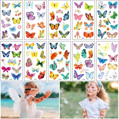 10 Sheets Butterfly Temporary Tattoos,Waterproof Butterfly Cartoon Stickers,Fake Tattoo Stickers for Women and Girls Party Favors Supplies,Holographic Stickers for Kids Birthday Party Supplies