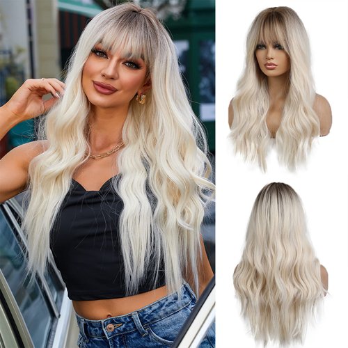 OUFEI Long Wavy Platinum Blonde Wig with Bangs for Women Light Blonde Wig Natural Synthetic Hair Heat Resistant Ombre Wigs for Daily Party Cosplay Wear- 26 Inches