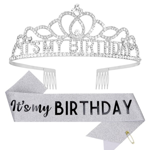 CAVETEE Birthday Crowns for Women Its My Birthday Sash and Crown for Women Birthday Crown Adult Woman Set Birthday Decorations for Party Birthday Gifts (Silver)