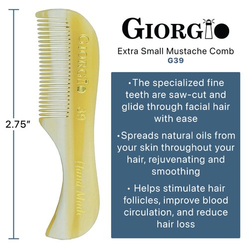 Giorgio G39 Extra Small 2.75 Inch Men's Fine Toothed Beard and Mustache Comb for Facial Hair Grooming and Styling. Wallet Pocket Comb Handmade of Quality Durable Cellulose, Saw-Cut and Hand Polished