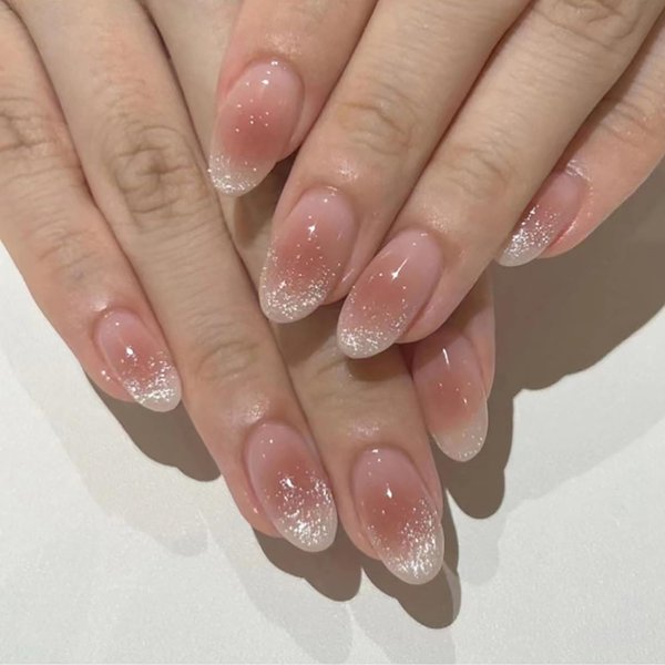 Press on Nails Oval Medium Length Cat Eye False Nails Artificial Acrylic Nails Nude Pink Design Almond Fake Nails Full Cover Glossy Reusable Coffin Nails Glue on Nails for Women 24Pcs