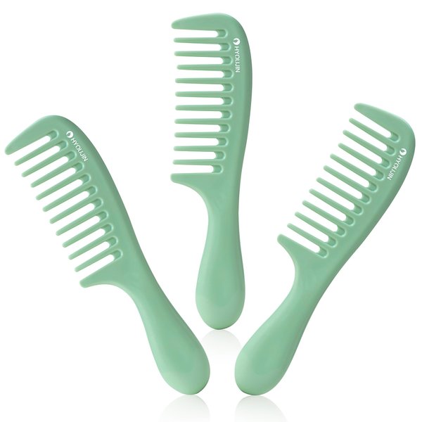 HYOUJIN 3 Pocket Wide Tooth Combs Plastic Detangling Shower Combs for Curly Hair, Wet Brush Detangle Comb for Women, Men, Green