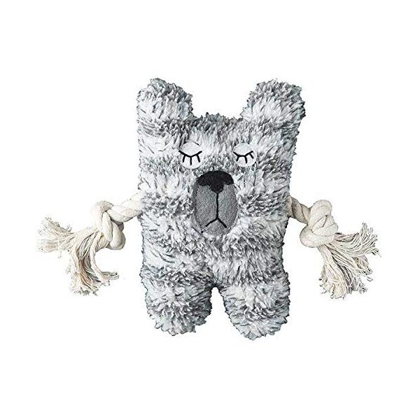 Patchwork Pet Bear Greybar Premium Dog Toy Plush w Pull Through Rope Squeaker