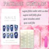 Vezocim Press on Almond Nails-24Pcs Glossy Full Cover Acrylic Purple Glitter Fake Nails with Gold Line Designs Artificial Medium False Nails Fake Nails Glue Stick on Fingernails for Women Girls