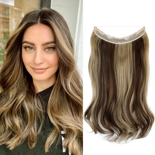 Felendy Wire Hair Extensions Thick Curly Wavy Invisible Secret Extension Fish Line Clip in Hairpiece Synthetic for Women Medium Blonde Mix Ash Blonde