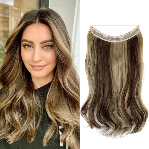 Felendy Wire Hair Extensions Thick Curly Wavy Invisible Secret Extension Fish Line Clip in Hairpiece Synthetic for Women Medium Blonde Mix Ash Blonde