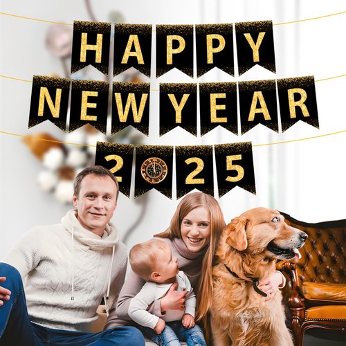 Happy New Year 2025 Banner, Pre-assembled Black Gold Glitter New Year Party Decorations Decor Indoor Party Supplies for Fireplace Mantle