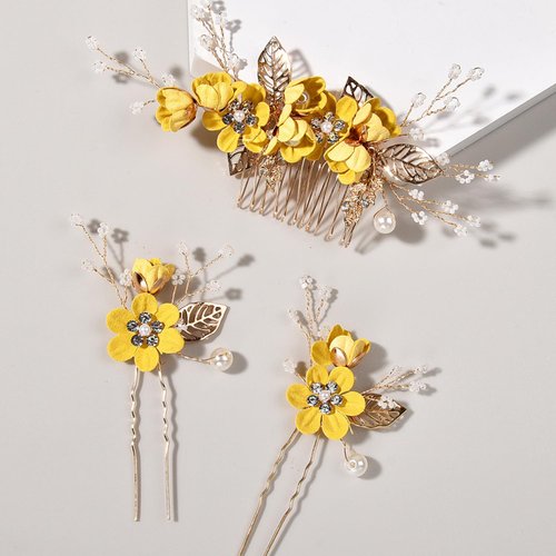 Bridal Hair Combs, Wedding Hair Comb Set Crystal Flower Hair Clips Bride Bridesmaid Hair Sides Comb Rhinestone Barrettes, Pearl Flower Hair Pins Hair Accessories for Women Girls (Yellow)