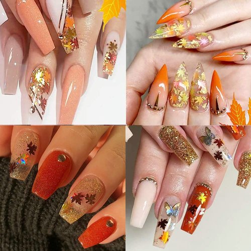 Maple Leaf Shape Glitter Fall Nail Art Sequins,3D Metallic Red God Orange Yellow Mixed Design Confetti Maple Spangles for Women DIY Manicure Kit Decorations Salon Accessories 2 Bags