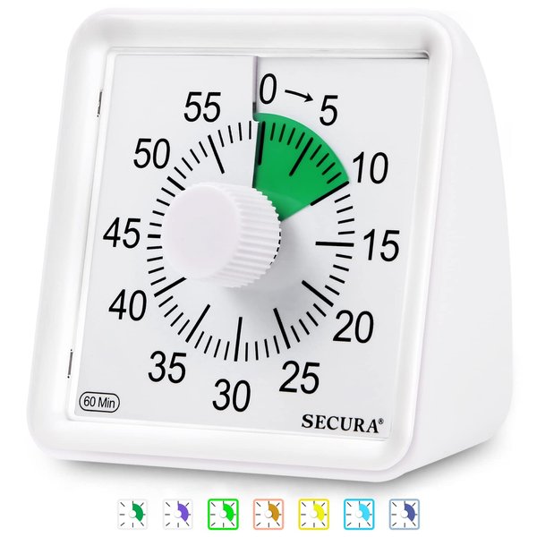 Secura 60-Minute Visual Timer, Classroom Timer, Countdown Timer for Kids and Adults, Time Management Tool for Teaching (Green & White)