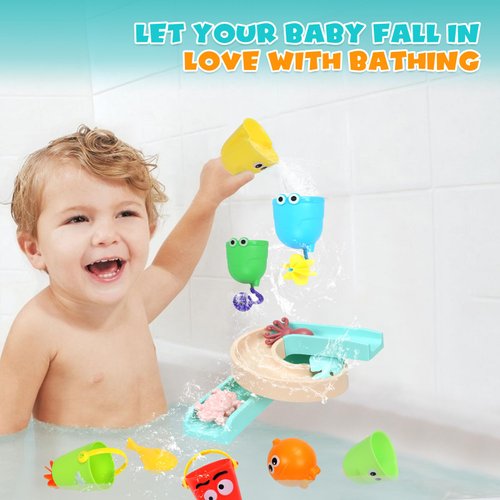 Bath Toys for Toddlers 1-3 Years Old, Bathtub Toy for Kids 3-4-5 Age,Water Bath Tub Toys with Water Slide &Marine Organism and Lovely Cups,14 Pcs Baby Bath Toys for Boys and Girls Gift