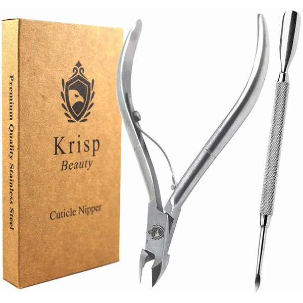 Cuticle Trimmer 3/4 Jaw Extremely Sharp Edge Nail Nippers Scissors Cuticle Pusher Stainless Steel Clippers Cutter Remover Pedicure Manicure Fingernail Tools (2 PC Set) By Krisp Beauty