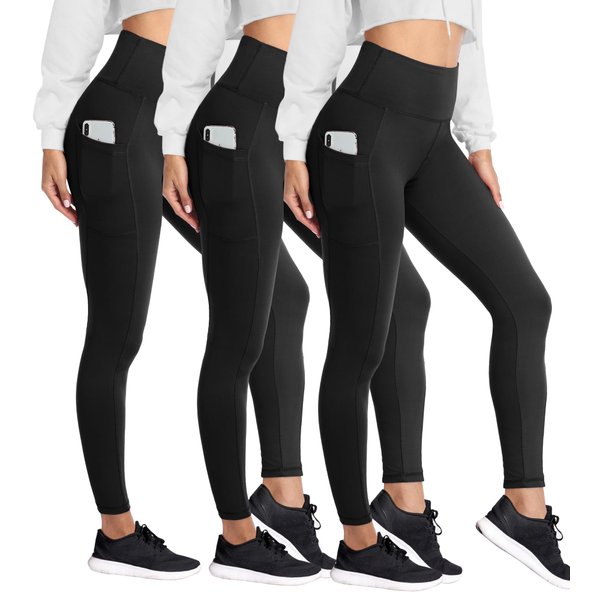 HIGHDAYS 3 Pack Leggings with Pocktes for Women - High Waist Tummy Control Soft Women's Yoga Pants for Workout Running, Black/Black/Black, Plus Size