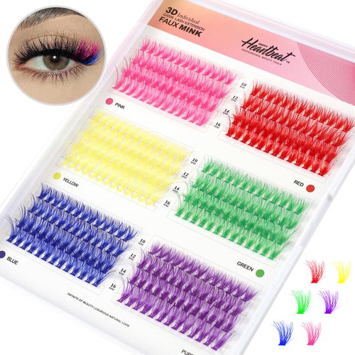 Happy Heartbeat 3D Colored Lash Clusters C Curl 312Pcs 6 Colors 10mm 12mm 14mm 16mm Mixed Faux Mink Lashes DIY Individual Lashes 40D Colorful Fluffy Eyelash Extension(40D-10-16,6 Colors-C Curl)