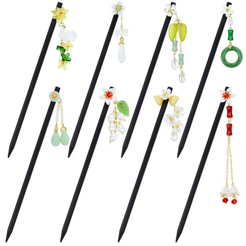 Lawie 8 Pack Chinese Wooden Hair Sticks Japanese Hair Chopsticks Retro Tassel Dangles Pandents Flower Hairpins Vintage Wood Hair Pins Hanfu Costume Hair Accessories for Women Girls Long Thick Hair