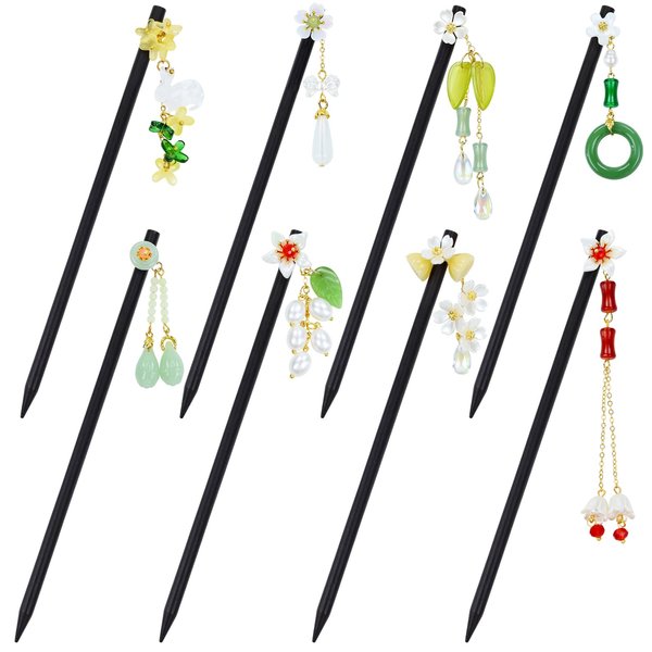 Lawie 8 Pack Chinese Wooden Hair Sticks Japanese Hair Chopsticks Retro Tassel Dangles Pandents Flower Hairpins Vintage Wood Hair Pins Hanfu Costume Hair Accessories for Women Girls Long Thick Hair