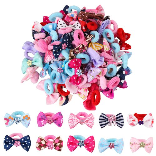 Zifengcer 50 Pcs Girls Elastic Hair Ties for Kids Colorful Beautiful Bow Ponytail Holders for Girls Toddlers Soft Seamless Cartoon Rubber Bands Mix Colors Head Accessories