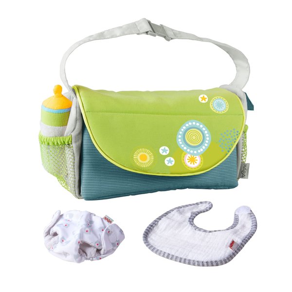 HABA Diaper Bag Summer Meadow - Doll Sized Pretend Playset Role Play Toy Folds into Changing Pad with Soft Baby Bottle, Bib and Cloth Diaper