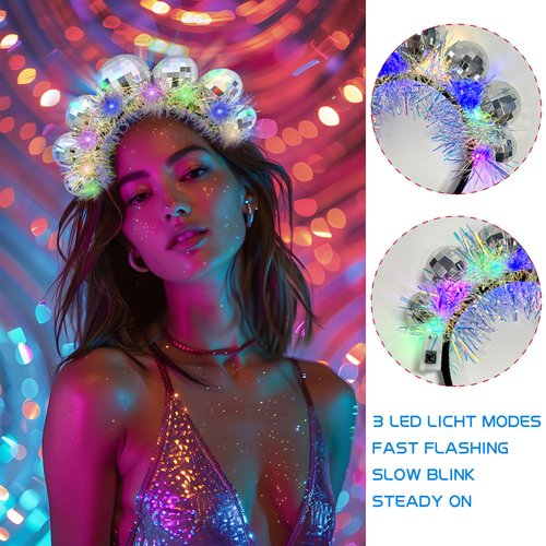 Bnsikun Halloween Light Up Disco Ball Headband Led Disco Headband Silver Vintage Retro Disco Headwear Women Girl for Halloween Christmas New Years Eve Party Accessory
