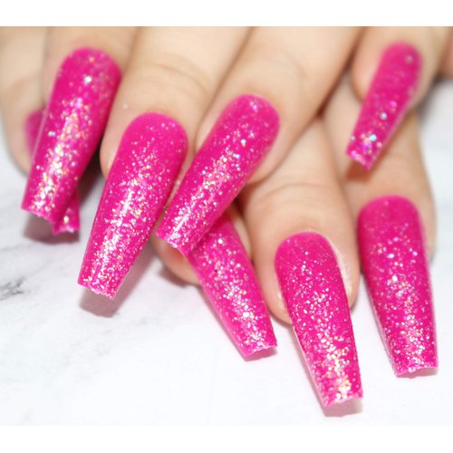 MISUD 24Pcs Pure Color Extra Long Ballerina Acrylic Nails Coffin False Nails Long Press on Nails Glitter Artificial Nail Tips with Sticker Nail File Wood Stick