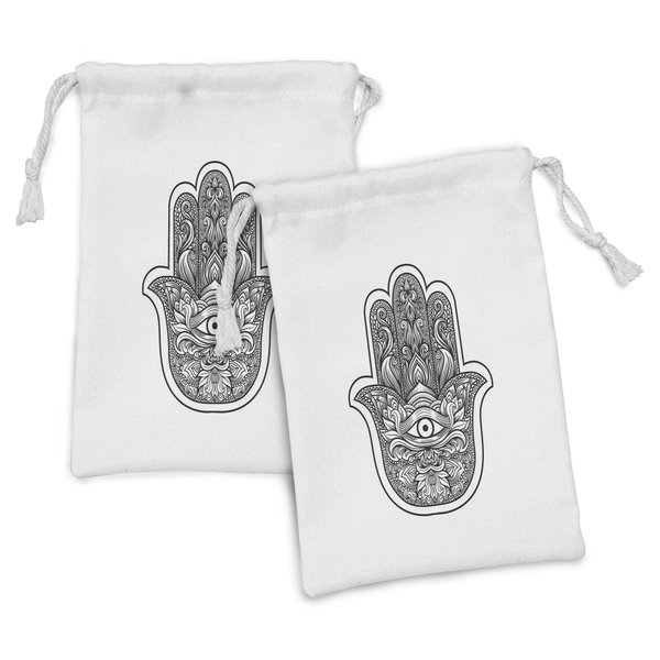 Ambesonne Hamsa Fabric Pouch Set of 2, Boho Style Line Art Mascot with Third Eye Ornamental Tattoo Design, Small Drawstring Bag for Toiletries Masks and Favors, 9" x 6", White Black