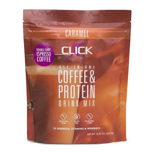 CLICK Coffee Protein Powder | Double Shot Espresso | 16g Protein | 23 Essential Vitamins | Low Calorie Meal Replacement | 150mg Caffeine | Gluten Free | No Artificial Flavors or Colors | Caramel