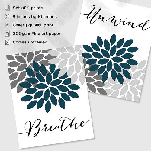 Relax Soak Unwind Breathe Bathroom Pictures Wall Decor, Bathroom Decor Wall Art, Teal Blue Bathroom Decor, Bathroom Decor (Set of 4, 8X10in, Unframed)