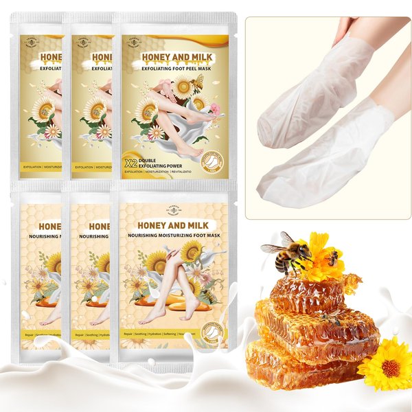 Foot Peel Mask 6 Pack, 3 Pack Milk & Honey Exfoliating Foot Masks Plus 3 Pack Moisturizing Foot Mask, Foot Mask for Dry, Cracked Feet, Callus, Dead Skin. Hydrating Foot Masks for Baby Feet