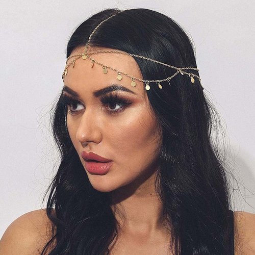 Yean Gold Sequins Head Chain Halloween Costume Headpiece Boho Festival Forehead Hair Jewelry Bridal Layered Hair Chain Prom Accessories Headbands for Women and Girls