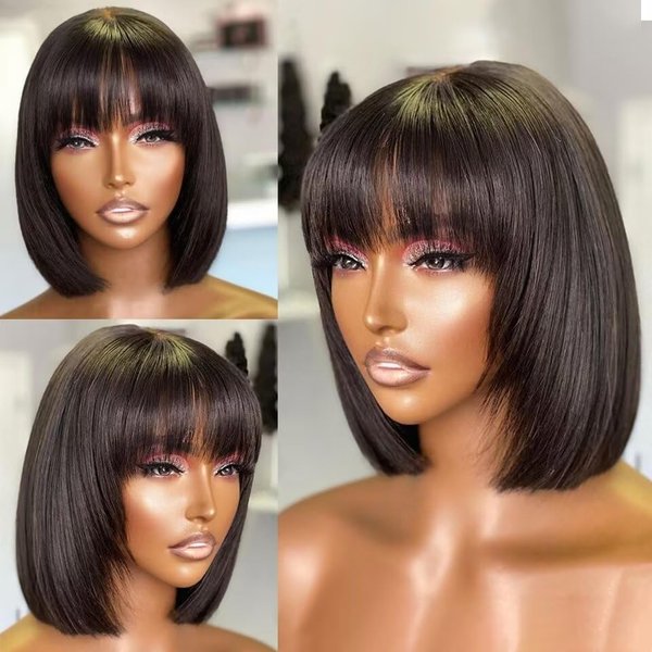 Jnymell Natural Color Pixie Cut Short Bob With Bangs Brazilian Black Straight Bob With Bangs 13x4 HD Transparent Lace Front Human Hair Wigs 150% Remy Short Bob Straight Hair Wigs 12”