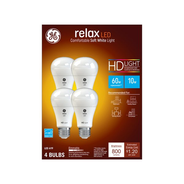 GE Relax LED Light Bulbs, 60 Watt, Soft White, A19 (4 Pack)