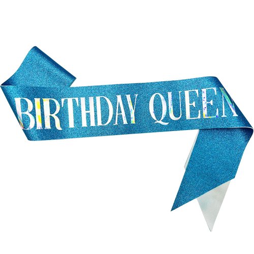 NAUXIUDSJS Birthday Queen Sash, Birthday Sash for Women, Glitter Blue Sash Multi color Foil, Party Favors Supplies Decorations for 18th 21st 30th 40th 50th 60th 70th 80th or Any Bday Party,Blue