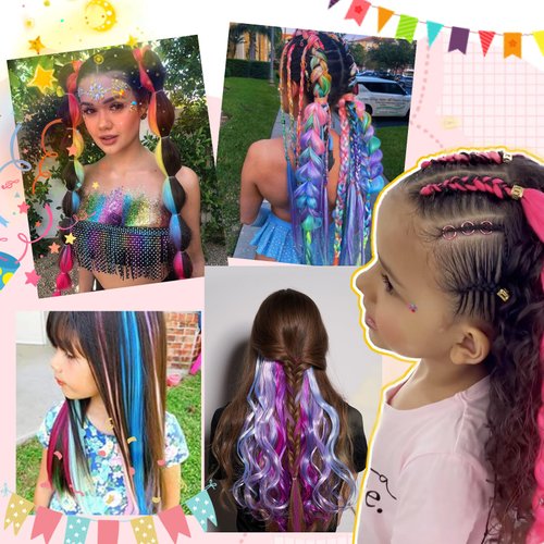 Netoe 10 Pcs Colored Clip in Hair Extensions 22" Long Straight Rainbow Hairpieces Multi-colors Synthetic Hair Accessories Colorful Party Highlights for Girls Kids Party Cosplay Use（Red)